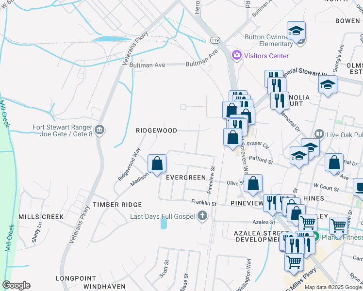 map of restaurants, bars, coffee shops, grocery stores, and more near 103 Adams Court in Hinesville