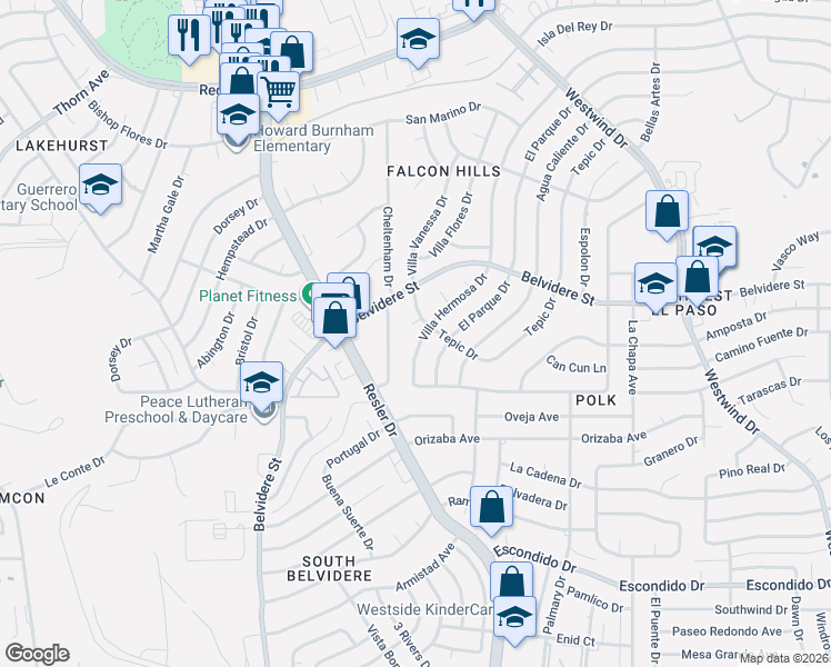 map of restaurants, bars, coffee shops, grocery stores, and more near 7072 Villa Hermosa Drive in El Paso