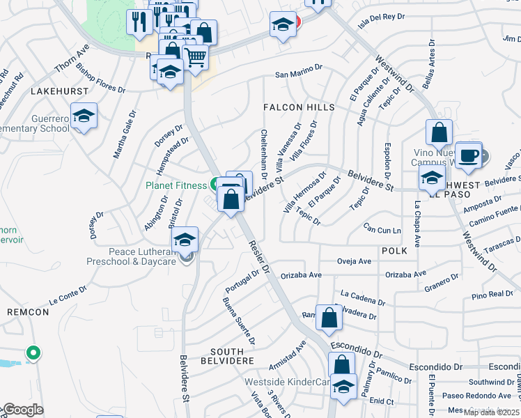 map of restaurants, bars, coffee shops, grocery stores, and more near 640 North Resler Drive in El Paso