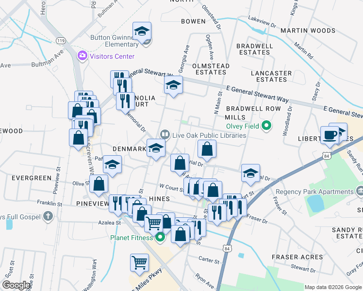 map of restaurants, bars, coffee shops, grocery stores, and more near 200 Memorial Drive in Hinesville