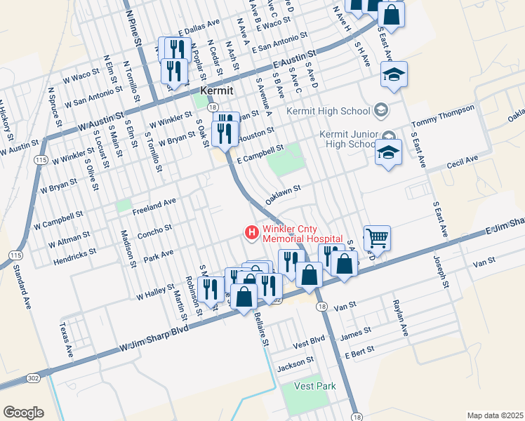 map of restaurants, bars, coffee shops, grocery stores, and more near 601 South Poplar Street in Kermit