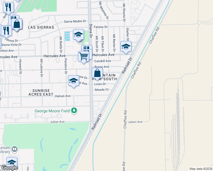 map of restaurants, bars, coffee shops, grocery stores, and more near 5037 Meade Court in El Paso