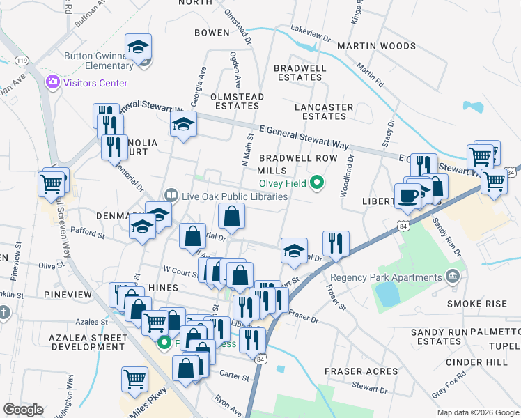 map of restaurants, bars, coffee shops, grocery stores, and more near 205 East Memorial Drive in Hinesville