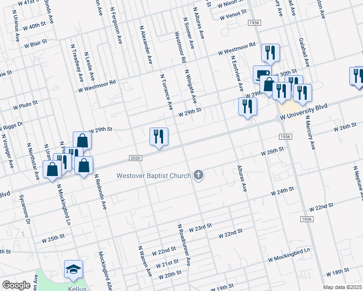 map of restaurants, bars, coffee shops, grocery stores, and more near 6835 West University Boulevard in Odessa
