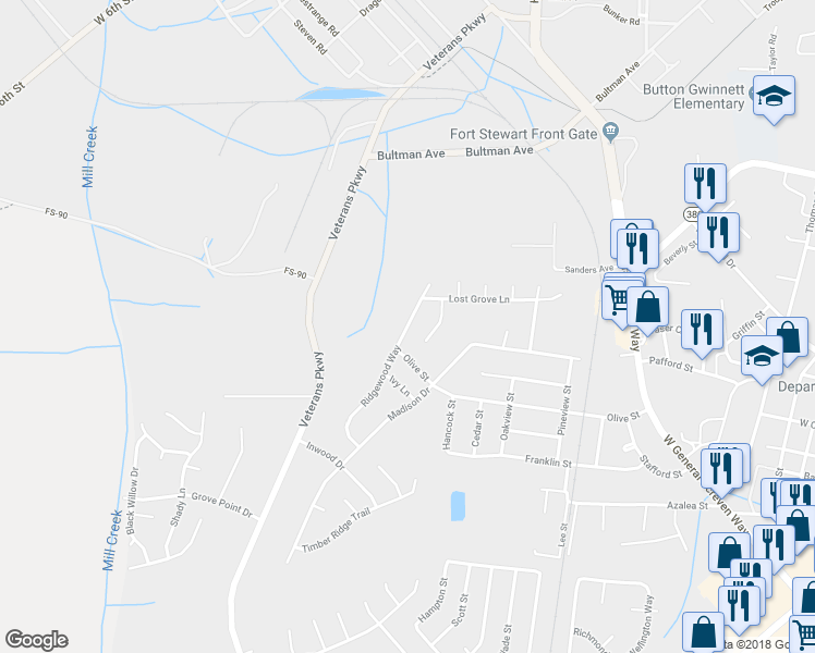map of restaurants, bars, coffee shops, grocery stores, and more near 819 Ridgewood Way in Hinesville