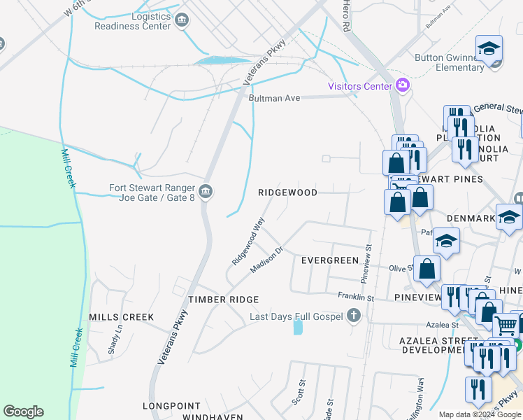 map of restaurants, bars, coffee shops, grocery stores, and more near 820 Ridgewood Way in Hinesville