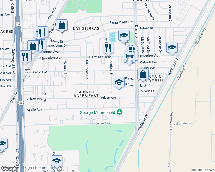 map of restaurants, bars, coffee shops, grocery stores, and more near 7711 Pandora Street in El Paso