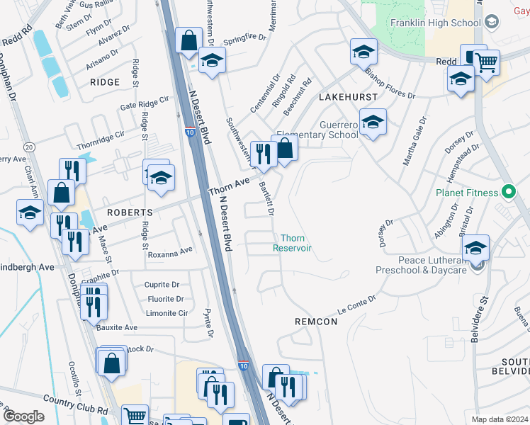 map of restaurants, bars, coffee shops, grocery stores, and more near 7796 Waterhouse Drive in El Paso