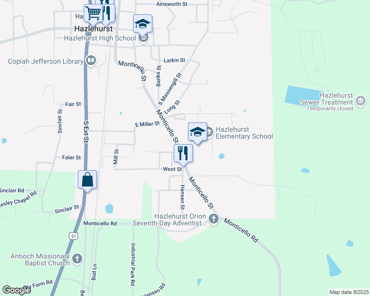 map of restaurants, bars, coffee shops, grocery stores, and more near 136 School Drive in Hazlehurst