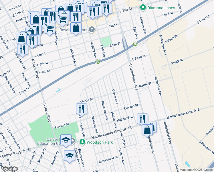 map of restaurants, bars, coffee shops, grocery stores, and more near 219 Patterson Avenue in Odessa