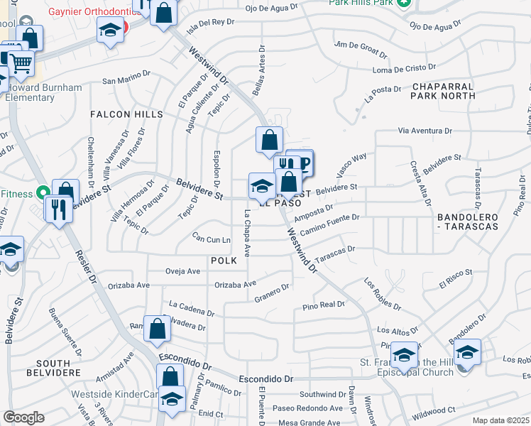 map of restaurants, bars, coffee shops, grocery stores, and more near 940 Belvidere Street in El Paso