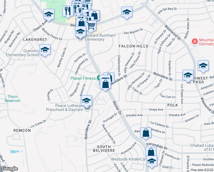 map of restaurants, bars, coffee shops, grocery stores, and more near N Resler Dr & Belvidere St in El Paso