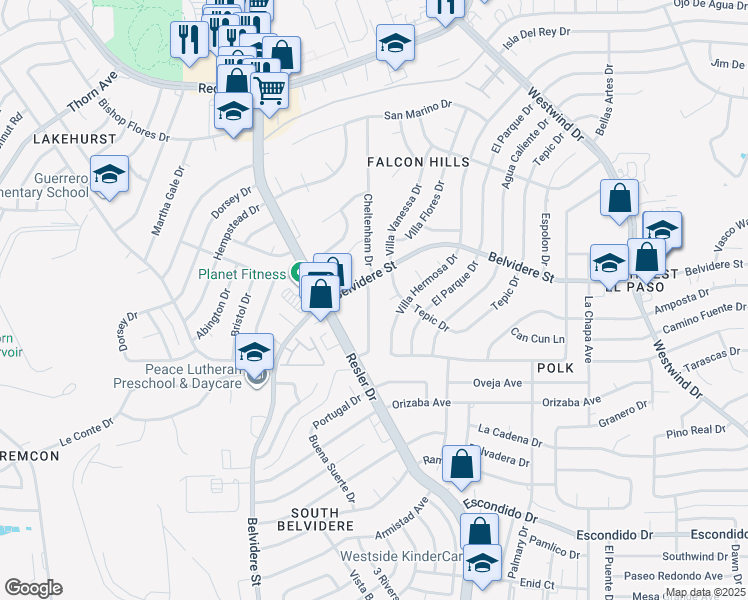 map of restaurants, bars, coffee shops, grocery stores, and more near 678 White Cliffs Drive in El Paso