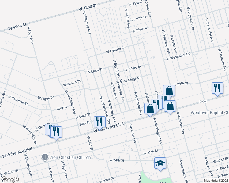 map of restaurants, bars, coffee shops, grocery stores, and more near Jupiter Avenue in West Odessa