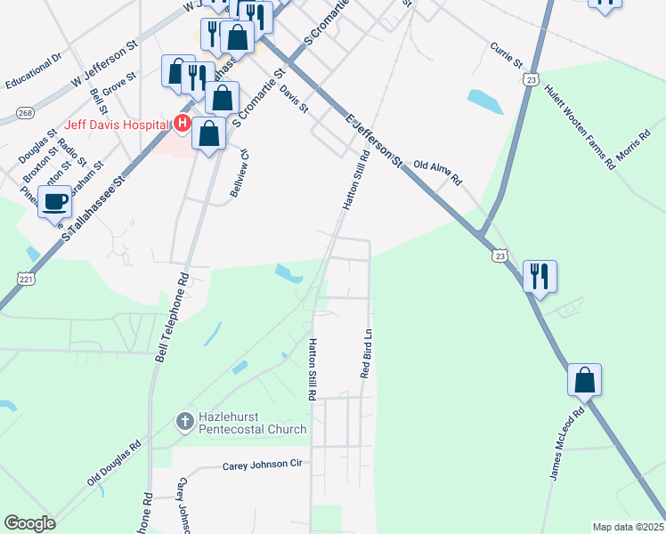 map of restaurants, bars, coffee shops, grocery stores, and more near 3 Willow Street in Hazlehurst