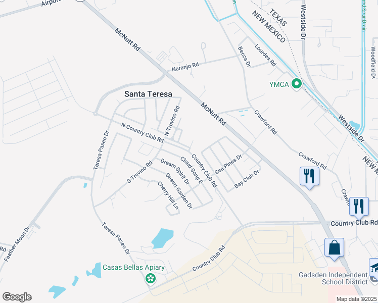 map of restaurants, bars, coffee shops, grocery stores, and more near Country Club Road in Santa Teresa