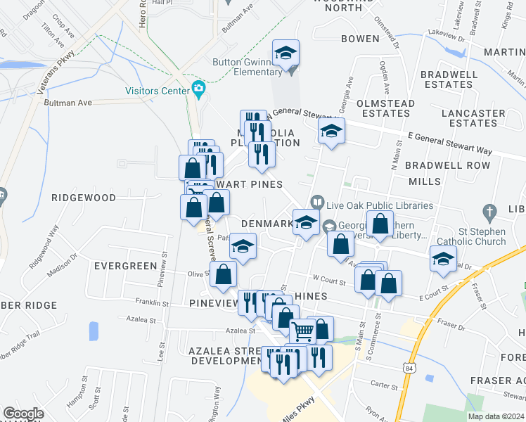 map of restaurants, bars, coffee shops, grocery stores, and more near 137 Rolland Street in Hinesville