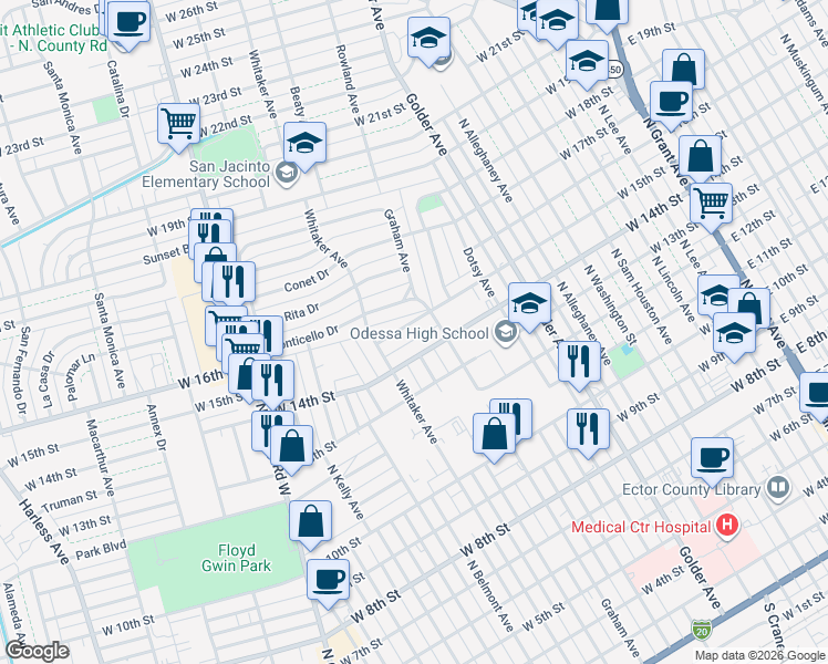 map of restaurants, bars, coffee shops, grocery stores, and more near 1000-1010 West 15th Street in Odessa