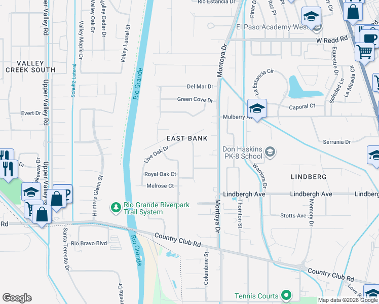 map of restaurants, bars, coffee shops, grocery stores, and more near 5240 White Oak Drive in El Paso