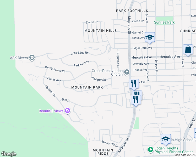 map of restaurants, bars, coffee shops, grocery stores, and more near 3208 Titanic Avenue in El Paso
