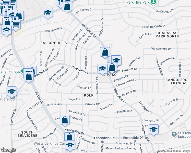 map of restaurants, bars, coffee shops, grocery stores, and more near 700 La Chapa Avenue in El Paso