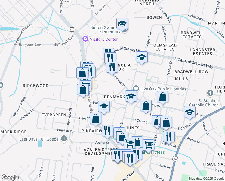 map of restaurants, bars, coffee shops, grocery stores, and more near 137 Rolland Street in Hinesville