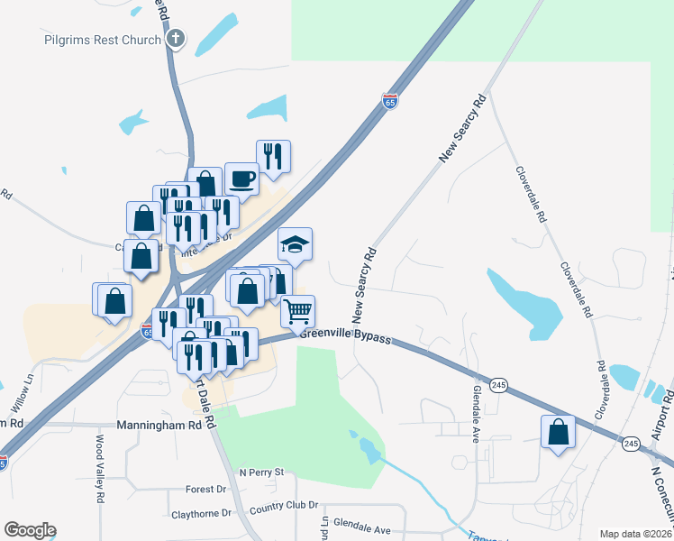 map of restaurants, bars, coffee shops, grocery stores, and more near 202 Shady Ridge Road in Greenville