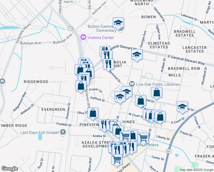 map of restaurants, bars, coffee shops, grocery stores, and more near 133 Rolland Street in Hinesville