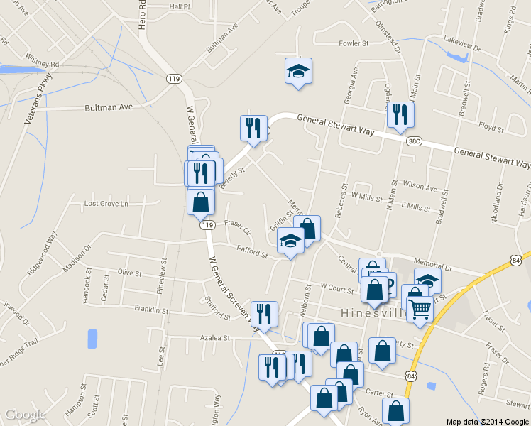 map of restaurants, bars, coffee shops, grocery stores, and more near 137 Rolland Street in Hinesville