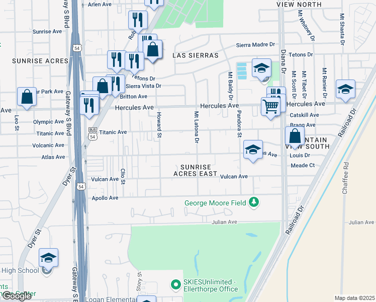 map of restaurants, bars, coffee shops, grocery stores, and more near 4747 Atlas Avenue in El Paso