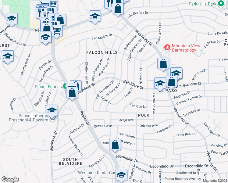 map of restaurants, bars, coffee shops, grocery stores, and more near 668 El Parque Drive in El Paso