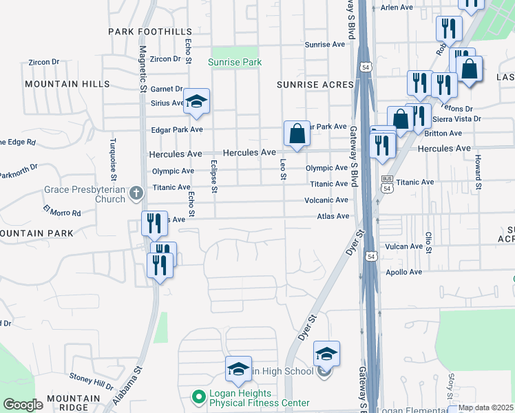 map of restaurants, bars, coffee shops, grocery stores, and more near 3813 Volcanic Avenue in El Paso