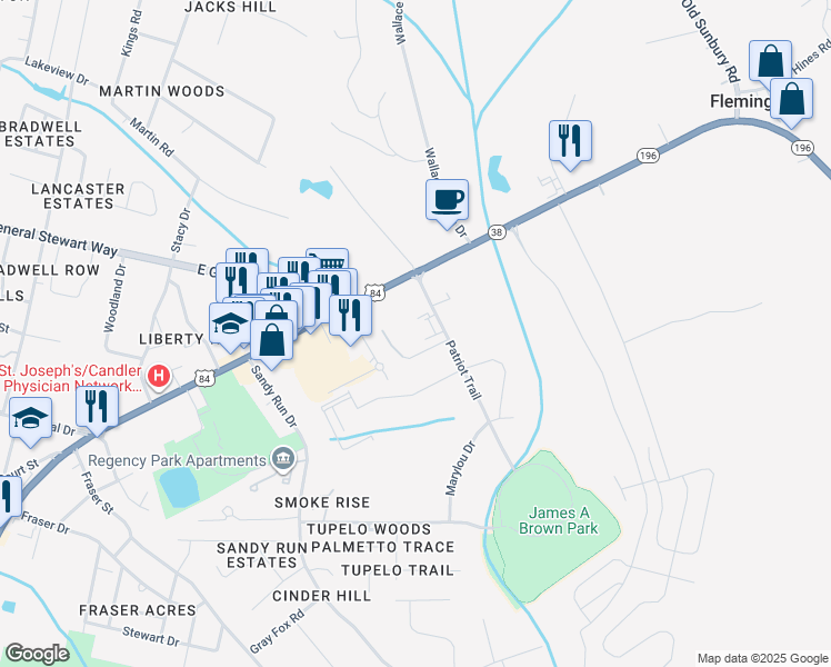map of restaurants, bars, coffee shops, grocery stores, and more near 115 Patriot Trail in Hinesville