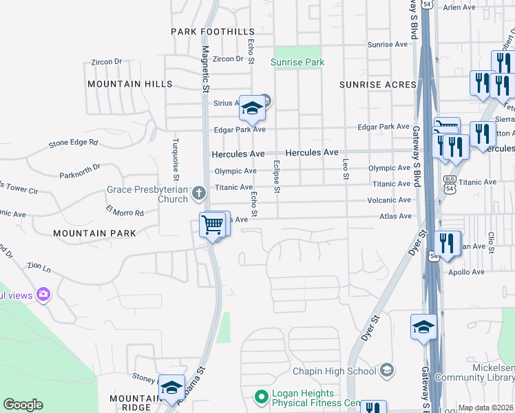map of restaurants, bars, coffee shops, grocery stores, and more near 3615 Volcanic Avenue in El Paso