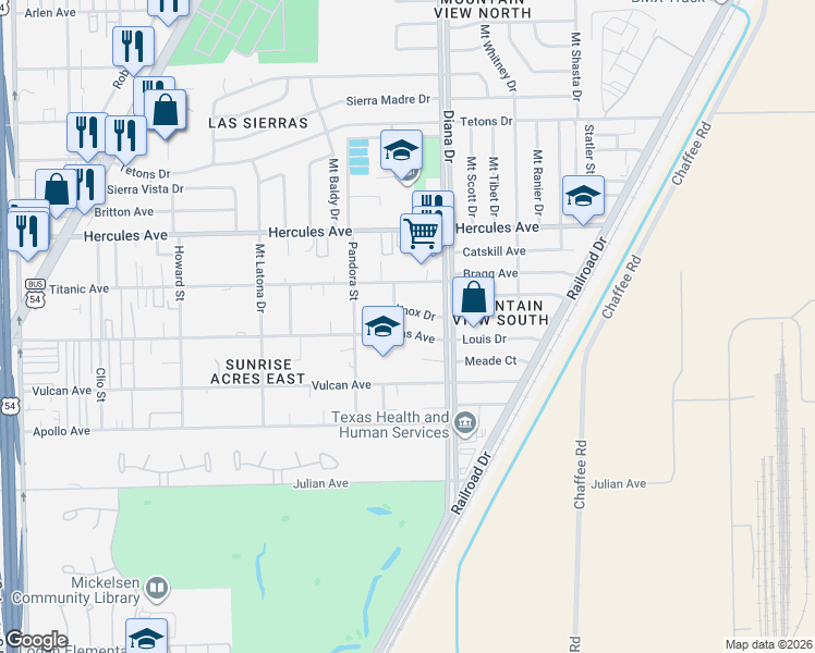map of restaurants, bars, coffee shops, grocery stores, and more near 4928 Knox Drive in El Paso