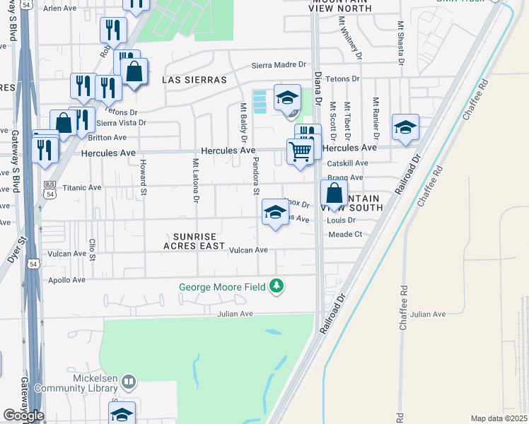map of restaurants, bars, coffee shops, grocery stores, and more near 7013 Pandora Street in El Paso