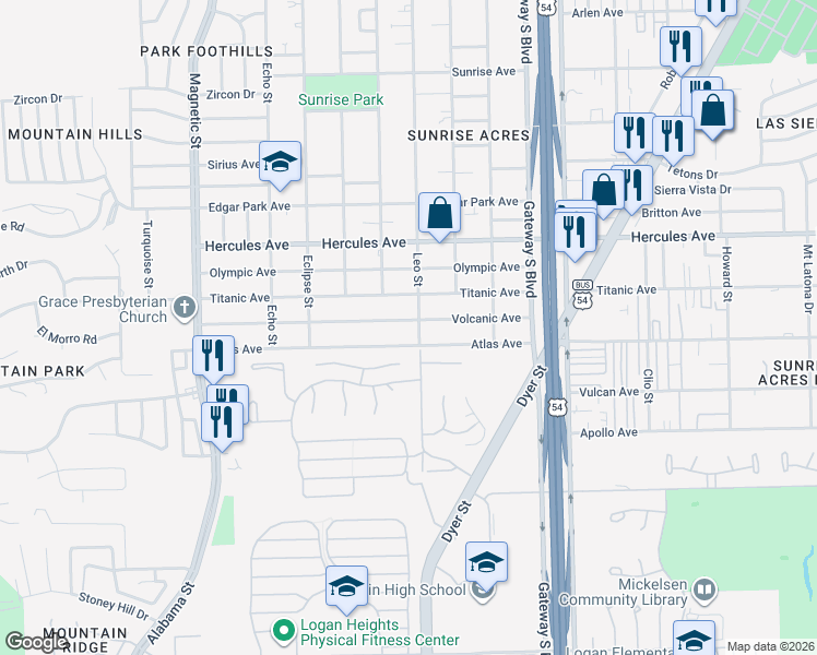 map of restaurants, bars, coffee shops, grocery stores, and more near 3913 Volcanic Avenue in El Paso