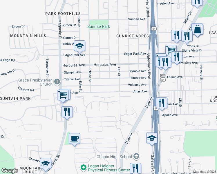 map of restaurants, bars, coffee shops, grocery stores, and more near 3813 Volcanic Avenue in El Paso