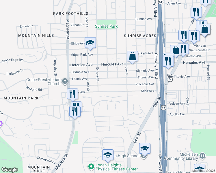 map of restaurants, bars, coffee shops, grocery stores, and more near 3709 Volcanic Avenue in El Paso