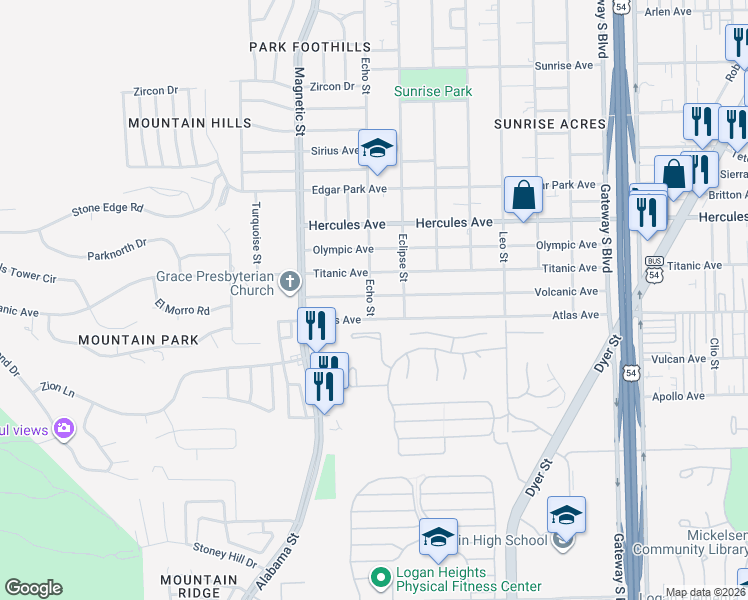 map of restaurants, bars, coffee shops, grocery stores, and more near 3615 Volcanic Avenue in El Paso