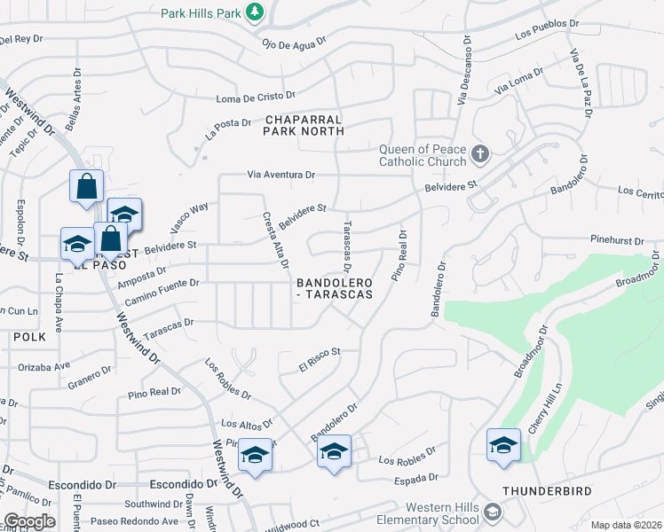 map of restaurants, bars, coffee shops, grocery stores, and more near 6289 Camino Alegre Drive in El Paso