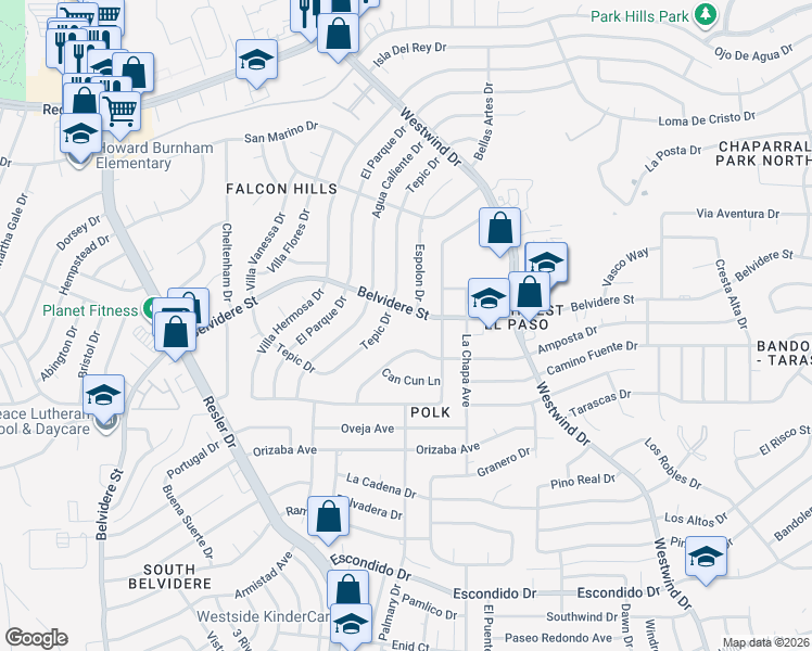 map of restaurants, bars, coffee shops, grocery stores, and more near 672 Tepic Drive in El Paso