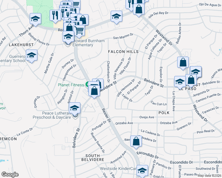 map of restaurants, bars, coffee shops, grocery stores, and more near 500 Tepic Drive in El Paso