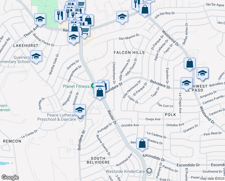 map of restaurants, bars, coffee shops, grocery stores, and more near 723 Belvidere Street in El Paso