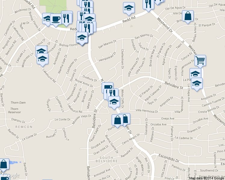 map of restaurants, bars, coffee shops, grocery stores, and more near 723 Belvidere Street in El Paso