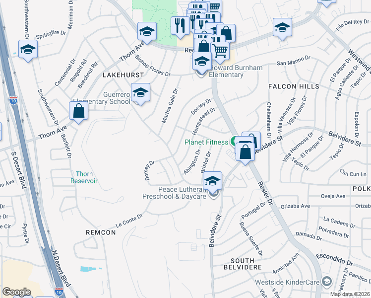 map of restaurants, bars, coffee shops, grocery stores, and more near 641 Hempstead Drive in El Paso