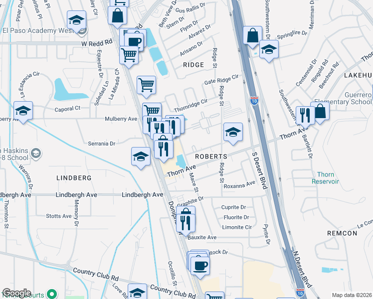 map of restaurants, bars, coffee shops, grocery stores, and more near 5258 Mace Street in El Paso