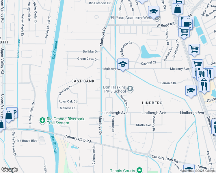 map of restaurants, bars, coffee shops, grocery stores, and more near 601 Las Playas Court in El Paso