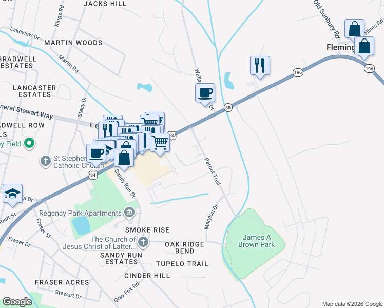 map of restaurants, bars, coffee shops, grocery stores, and more near 100-190 Patriot Trail in Hinesville