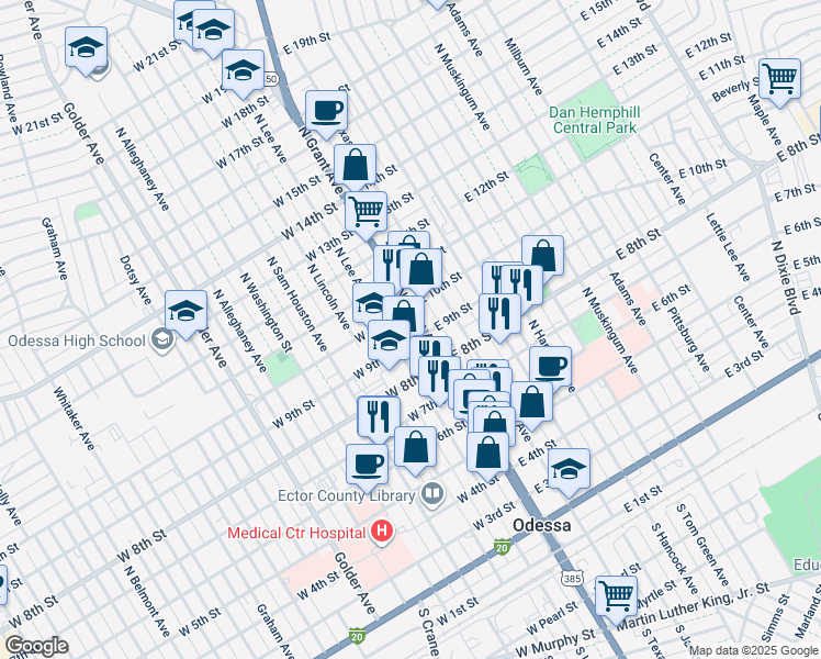 map of restaurants, bars, coffee shops, grocery stores, and more near 111 West 10th Street in Odessa